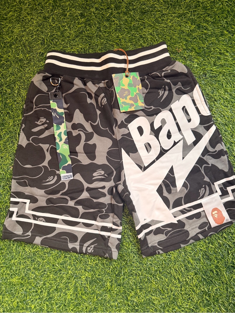 Bape Black & Gray Camo Shorts with Green Accent Strap